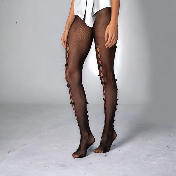 Black Cut Out Black Satin Bows Tights NEW - Picture 2 of 4